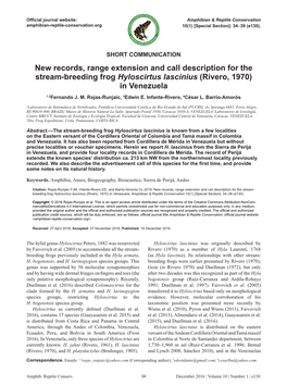 New Records, Range Extension and Call Description for the Stream-Breeding Frog Hyloscirtus Lascinius (Rivero, 1970) in Venezuela 1,2Fernando J