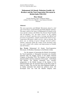 Muhammad Ali Jinnah, Mahatma Gandhi, Ali Brothers and the Non-Cooperation Movement in British India 1920-1922 Riaz Ahmad Prof & Chairman, Dept