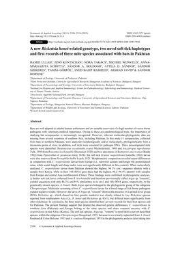 A New Rickettsia Honei-Related Genotype, Two Novel Soft Tick Haplotypes and First Records of Three Mite Species Associated with Bats in Pakistan