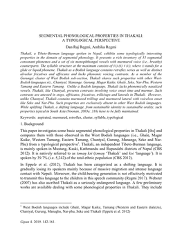 SEGMENTAL PHONOLOGICAL PROPERTIES in THAKALI: a TYPOLOGICAL PERSPECTIVE Dan Raj Regmi, Ambika Regmi 1. Background This Paper