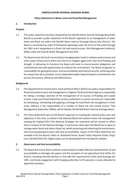 NORFOLK RIVERS INTERNAL DRAINAGE BOARD Policy Statement on Water Level and Flood Risk Management 1. Introduction Purpose 1.1. Th