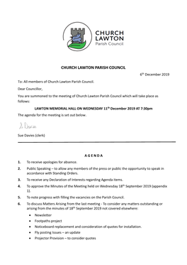 CHURCH LAWTON PARISH COUNCIL 6Th December 2019 To: All Members of Church Lawton Parish Council