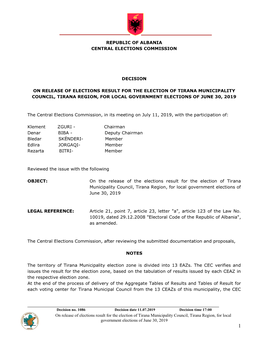 On Release of Elections Result for the Election of Tirana Municipality Council, Tirana Region, for Local Government Elections of June 30, 2019