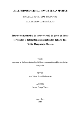 Estudio Comparativo De La Diversidad De Peces En Áreas Forestadas Y Deforestadas En Quebradas Del Alto Río Pichis, Oxapampa (Pasco)