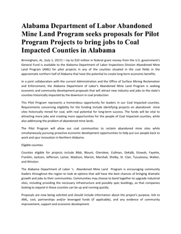 Alabama Department of Labor Abandoned Mine Land Program Seeks Proposals for Pilot Program Projects to Bring Jobs to Coal Impacted Counties in Alabama