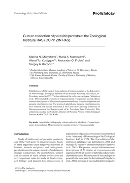 Protistology Culture Collection of Parasitic Protists at the Zoological