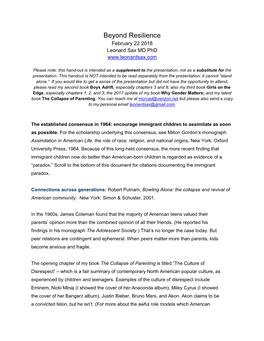 Beyond Resilience February 22 2018 Leonard Sax MD Phd