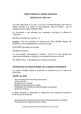 Compte-Rendu Du Conseil Municipal Seance Du 21 Juin