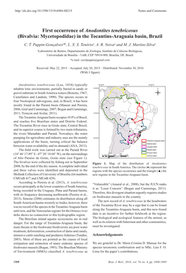 First Occurrence of Anodontites Tenebricosus (Bivalvia: Mycetopodidae) in the Tocantins-Araguaia Basin, Brazil C