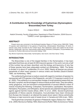 A Contribution to the Knowledge of Euphorinae (Hymenoptera: Braconidae) from Turkey