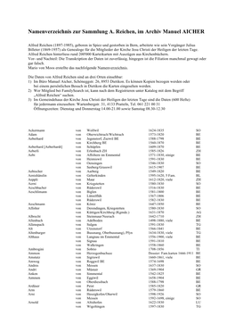 Namenverzeichnis Zur Sammlung A. Reichen, Im Archiv Manuel AICHER