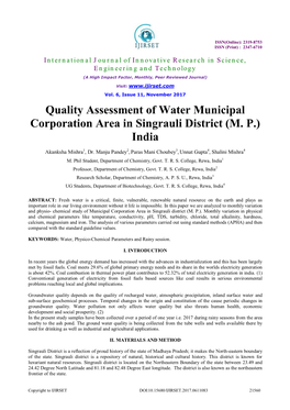 Quality Assessment of Water Municipal Corporation Area in Singrauli District (M