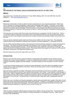 191 an OVERVIEW of the PHENOL LEVELS in WASTEWATER in the CITY of CAPE TOWN SMITH a City of Cape Town, Scientific Services Branc