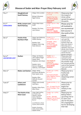 Diocese of Sodor and Man- Prayer Diary February 2018