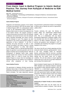 From Islamic Input in Medical Program to Islamic Medical Practice: the Journey from Kulliyyah of Medicine to IIUM Medical Centre Nazri Mya, Muhammad Irwan Ab a Dept