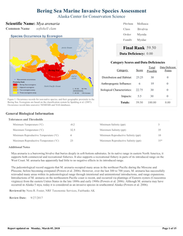 Bering Sea Marine Invasive Species Assessment Alaska Center for Conservation Science