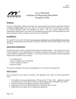 City of Mansfield Guidelines for Requesting Hotel/Motel Occupancy Funds