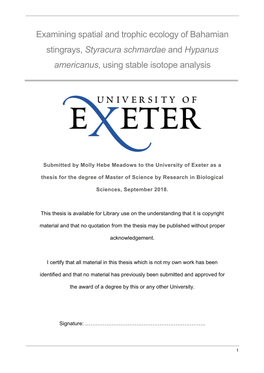 Examining Spatial and Trophic Ecology of Bahamian Stingrays, Styracura Schmardae and Hypanus Americanus, Using Stable Isotope Analysis