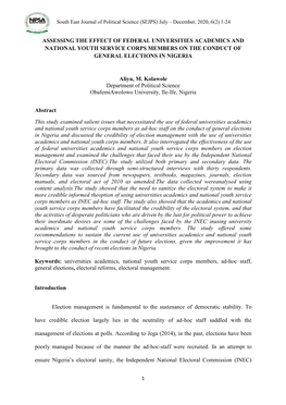 South East Journal of Political Science (SEJPS), 6(1) 24-43 ASSESSING the EFFECT of FEDERAL UNIVERSITIES ACADEMICS and NATIONAL