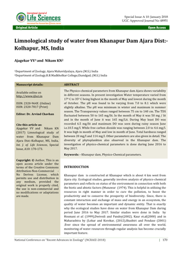 Limnological Study of Water from Khanapur Dam Ajara Dist:- Kolhapur, MS, India