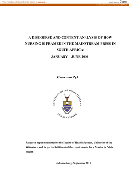 A Discourse and Content Analysis of How Nursing Is Framed in the Mainstream Press in South Africa