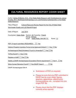 Cultural Resources Report Cover Sheet