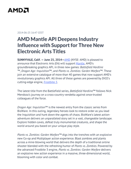 AMD Mantle API Deepens Industry Influence with Support for Three New Electronic Arts Titles