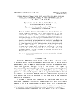 Population Dynamics of the Mullet Fish, Rhinomugil Corsula (Hamilton, 1822), in the Sitakunda Coast of the Bay of Bengal