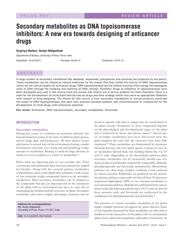 Secondary Metabolites As DNA Topoisomerase Inhibitors: a New Era Towards Designing of Anticancer Drugs