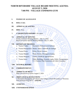 North Riverside Village Board Meeting Agenda August 3, 2020 7:00 Pm – Village Commons Gym