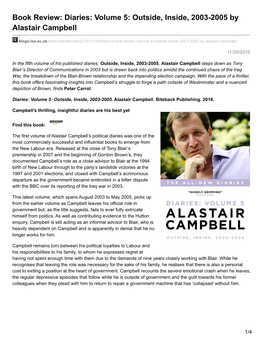 Book Review: Diaries: Volume 5: Outside, Inside, 2003-2005 by Alastair Campbell