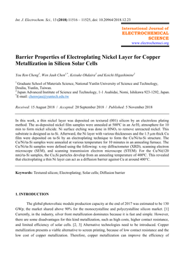 Barrier Properties of Electroplating Nickel Layer for Copper Metallization in Silicon Solar Cells