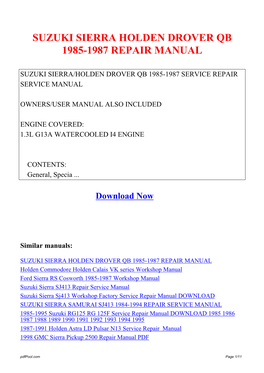 Suzuki Sierra Holden Drover Qb 1985-1987 Repair Manual