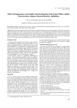 Effect of Temperature on Fecundity and Development of the Giant Willow Aphid, Tuberolachnus Salignus (Sternorrhyncha: Aphididae)