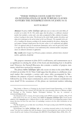 These Things I Have Said to You”: an Investigation of How Purpose Clauses Govern the Interpretation of John 14–16