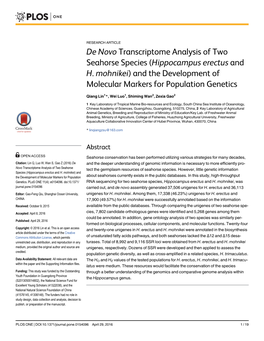 De Novo Transcriptome Analysis of Two Seahorse Species (Hippocampus Erectus and H