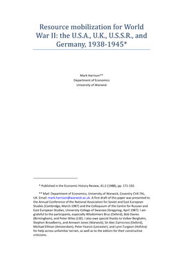 Resource Mobilization for World War II: the U.S.A., U.K., U.S.S.R., and Germany, 1938-1945*