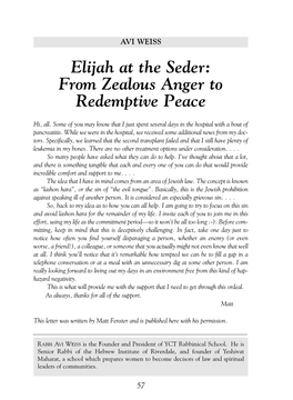 Elijah at the Seder: from Zealous Anger to Redemptive Peace