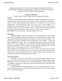 Observation and Study of the Nesting Behavior of Potter Wasp, Delta Dimidiatipenne (Hymenoptera: Eumininae: Vespidae) in Koradi Region Nagpur District, Maharashtra