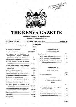 THE KENYA GAZETTE Published by Authority of the Republic of Kenya (Registered As a Newspaper at the G.P.O.) � Vol