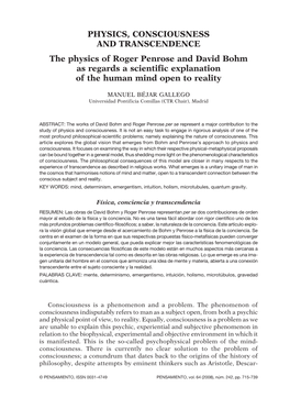 PHYSICS, CONSCIOUSNESS and TRANSCENDENCE the Physics of Roger Penrose and David Bohm As Regards a Scientific Explanation of the Human Mind Open to Reality