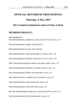 OFFICIAL RECORD of PROCEEDINGS Thursday, 9 May