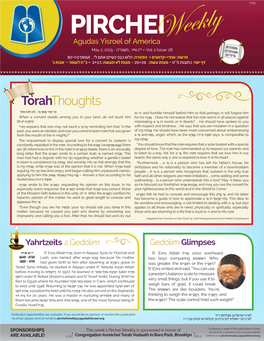 PIRCHEI Agudas Yisroel of America Vol: 2 Issue: 28 - י"ג אייר , תשע"ה - May 2, 2015 פרשה: אחרי-קדושים - הפטרה: הלוא כבני כשיים אתם לי