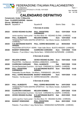 CALENDARIO DEFINITIVO Campionato: Under 13 Maschile Fase : CLASSIFICAZIONE - Italiana Girone : BRONZE VA 2 Gara N Squadra a Squadra B Giorno Data Ora