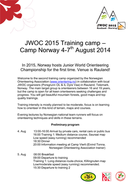 JWOC 2015 Training Camp – Camp Norway 4-7Th August 2014