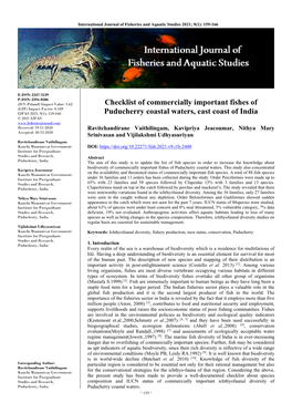 Checklist of Commercially Important Fishes of Puducherry Coastal Waters, East Coast of India