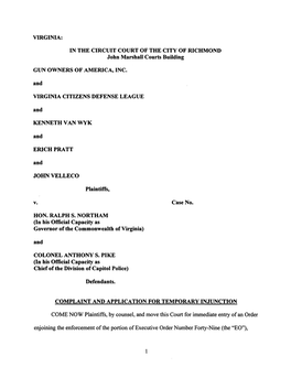 VIRGINIA: in the CIRCUIT COURT of the CITY of RICHMOND John Marshall Courts Building GUN OWNERS of AMERICA, INC. and VIRGINIA CI