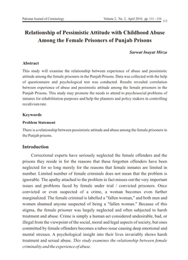 Relationship of Pessimistic Attitude with Childhood Abuse Among the Female Prisoners of Punjab Prisons