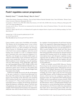 Foxk1 Regulates Cancer Progression