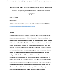 Improvements in the Fossil Record May Largely Resolve the Conflict Between Morphological and Molecular Estimates of Mammal Phylo